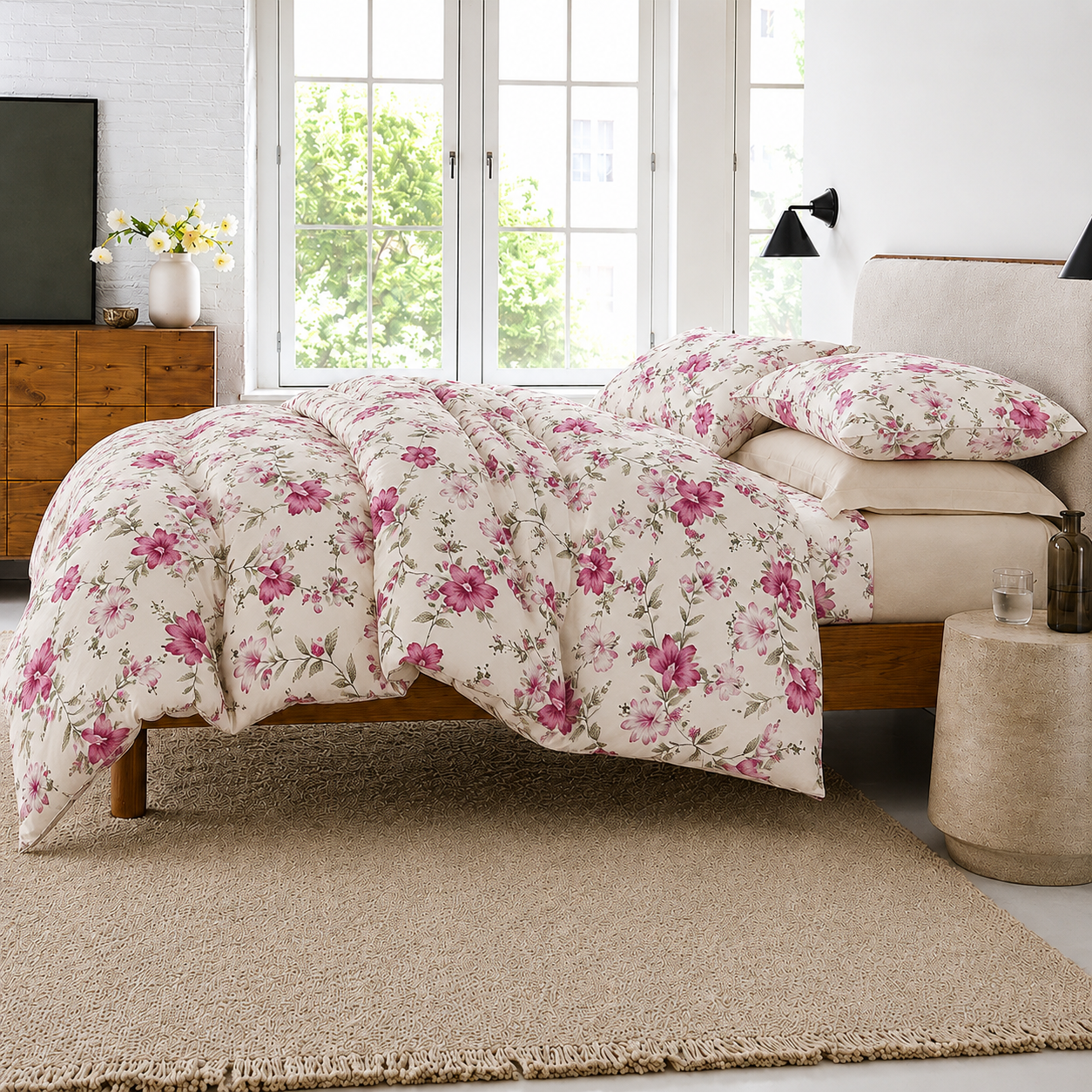 Peonia Bettwäsche mit Blumenmuster 200x200cm – Pinke Blüten auf Creme