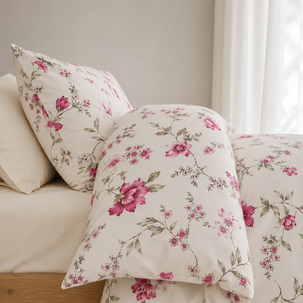 Peonia Bettwäsche mit Blumenmuster 200x200cm – Pinke Blüten auf Creme