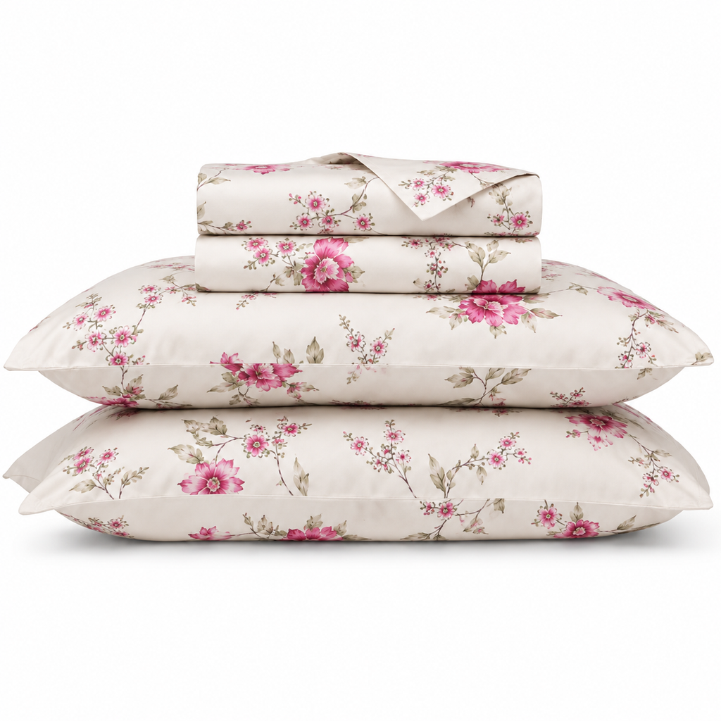Peonia Bettwäsche mit Blumenmuster 200x200cm – Pinke Blüten auf Creme