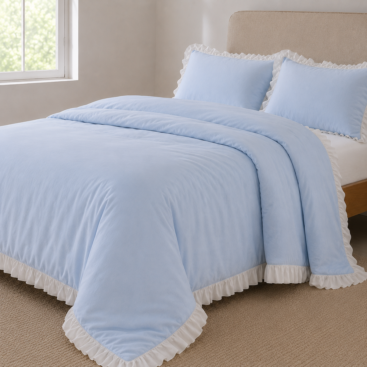 Hellblaue 200x200cm Bettwäsche mit weißen Rüschen – Weiche Baumwoll Bettwäsche für Kinderzimmer und Schlafzimmer