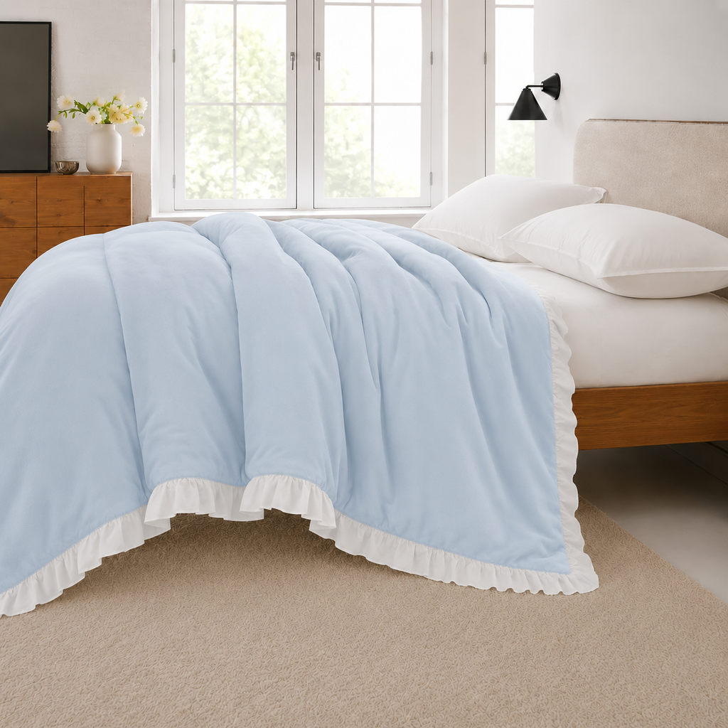 Hellblaue 200x200cm Bettwäsche mit weißen Rüschen – Weiche Baumwoll Bettwäsche für Kinderzimmer und Schlafzimmer