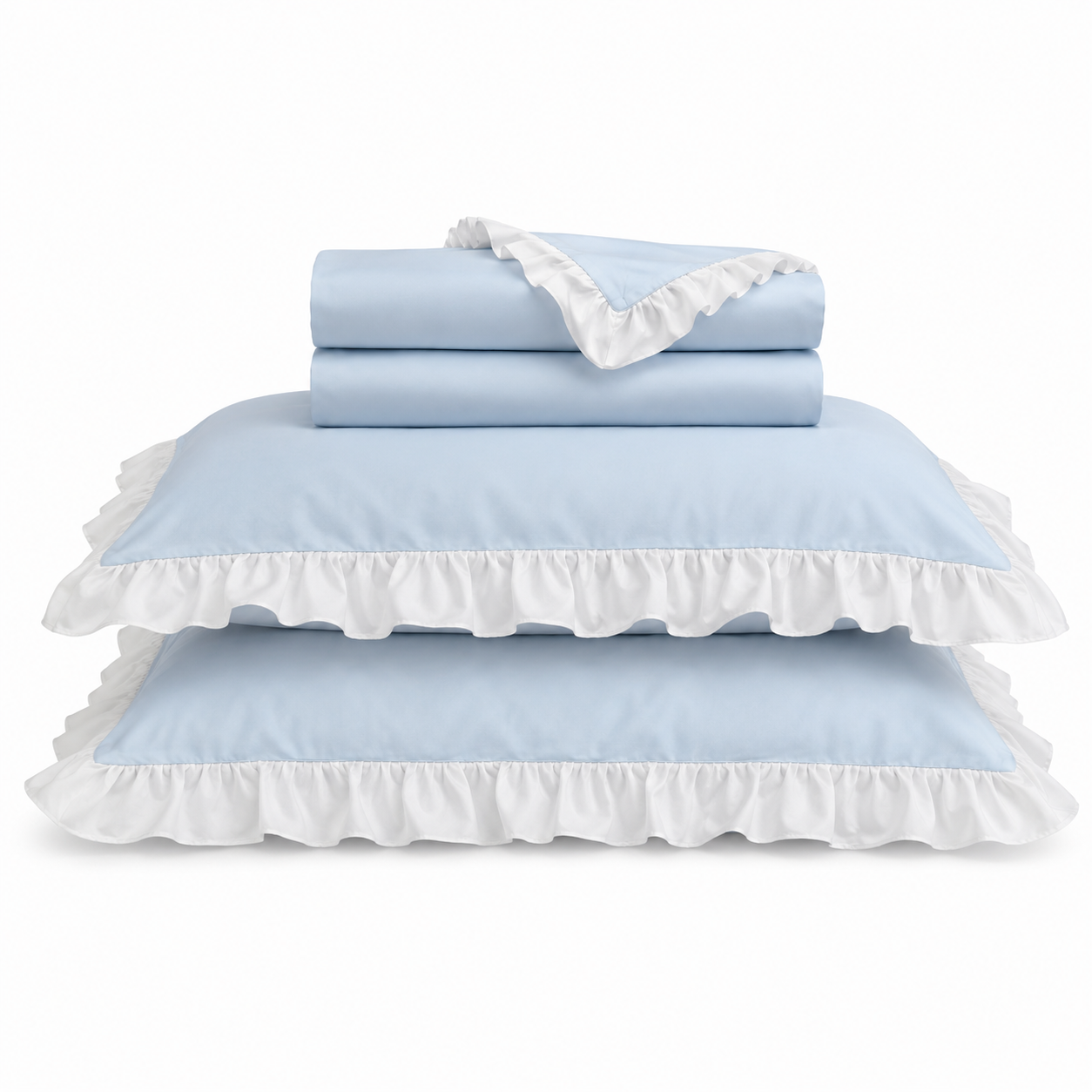 Hellblaue 200x200cm Bettwäsche mit weißen Rüschen – Weiche Baumwoll Bettwäsche für Kinderzimmer und Schlafzimmer