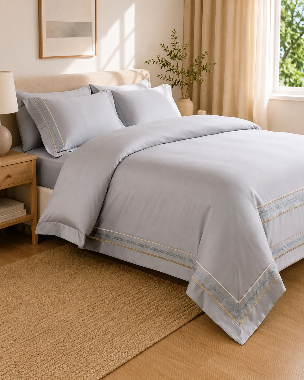 Vivienne Bettwäsche Hotel-Stickerei 200x220cm – Grau 100% Ägyptische Baumwolle