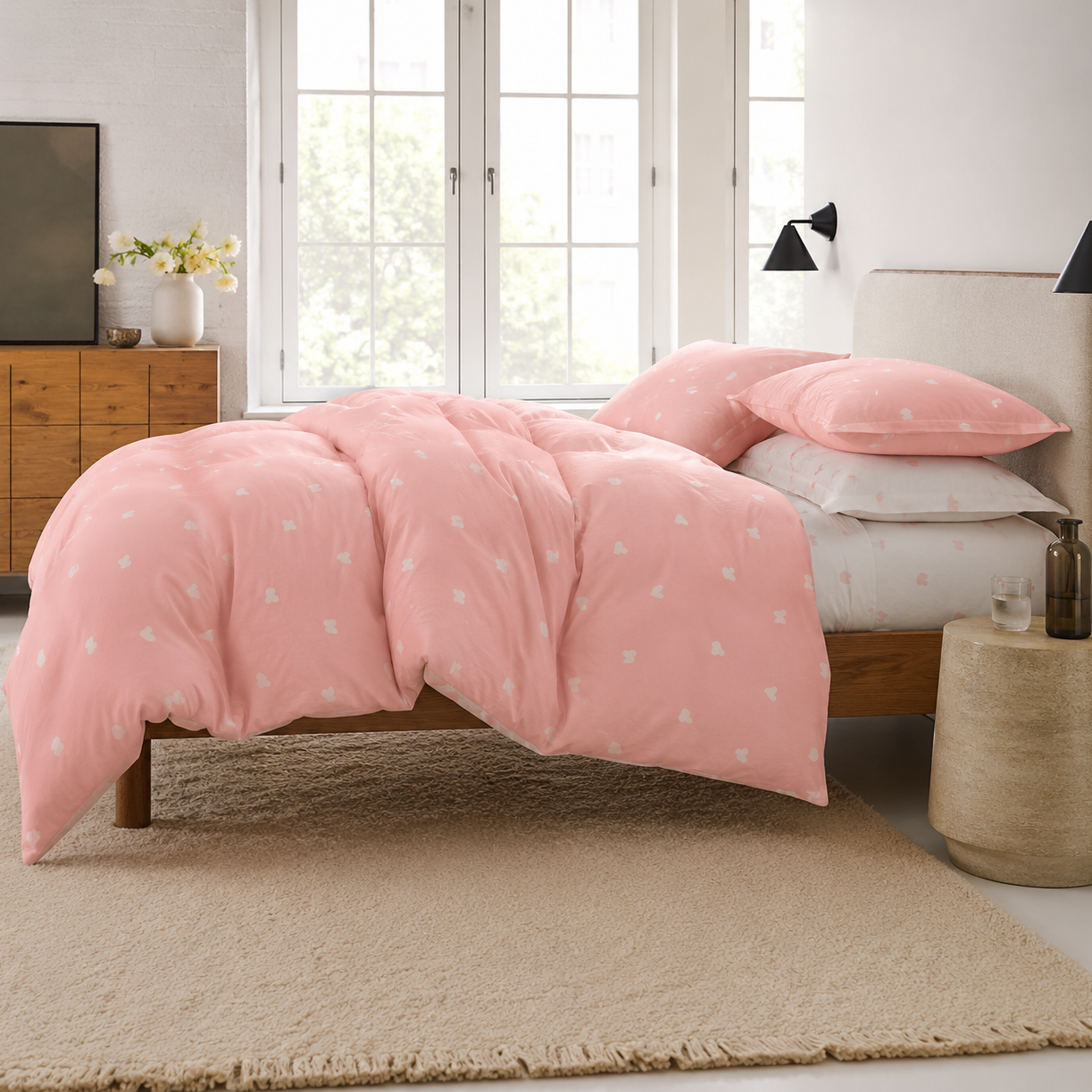Bettwäsche Rosa mit Weißen Herzen 200x200cm – Kuscheliger Bettbezug & Kissenbezug