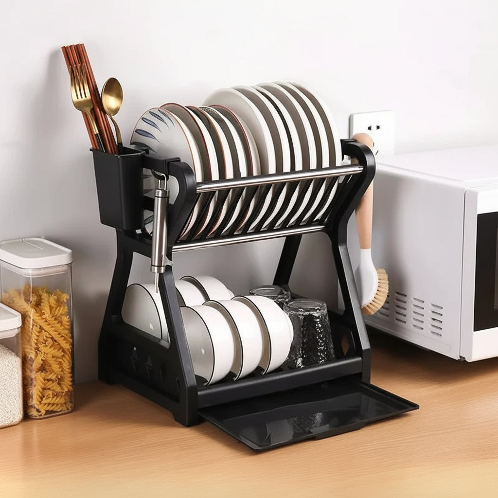 DRAINPRO 2-Tier Dish Drying Rack – Drainer with Board & Cutlery Holder