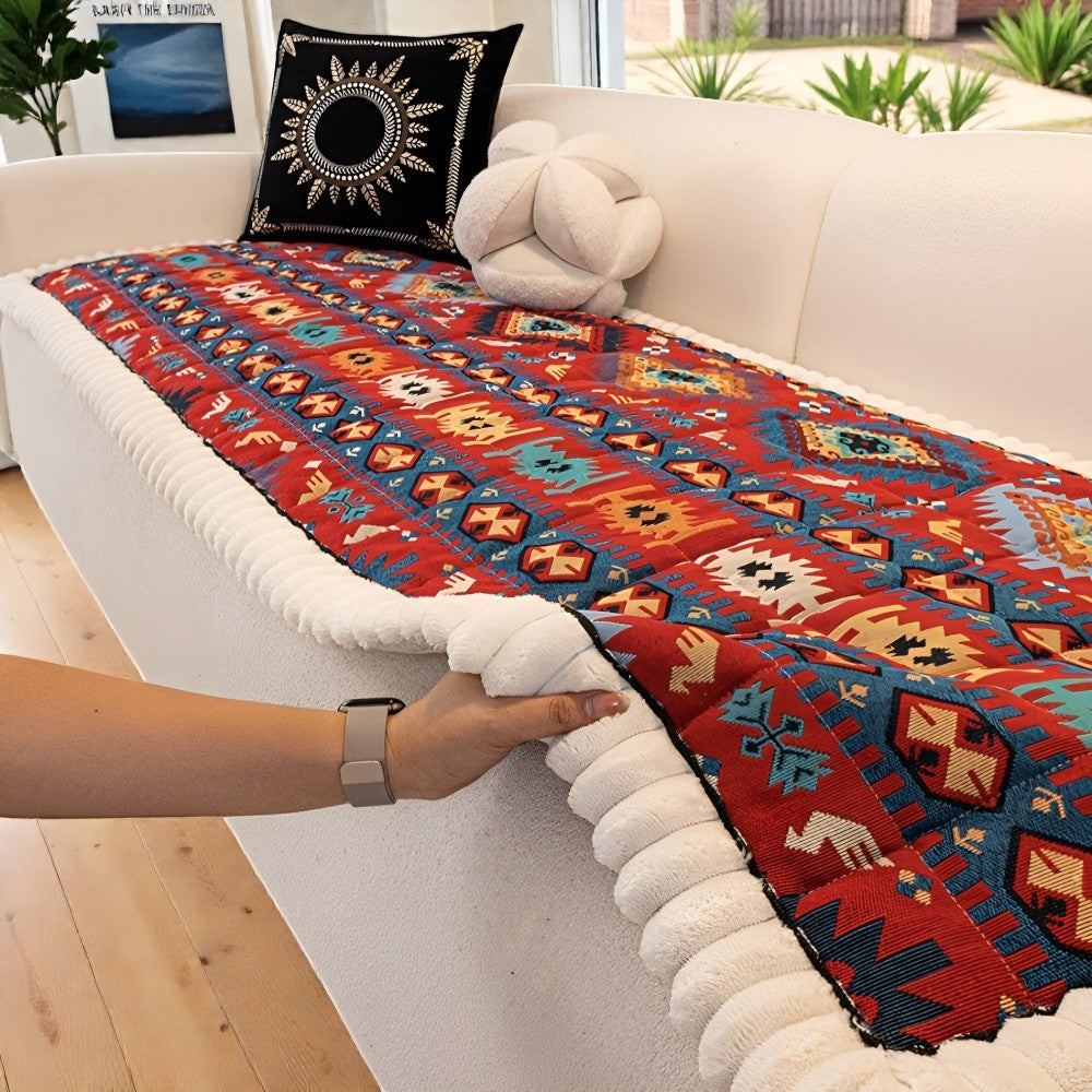 Ethnic Style Quilted Couch Cover – Patterned Non-Slip Sofa Protector