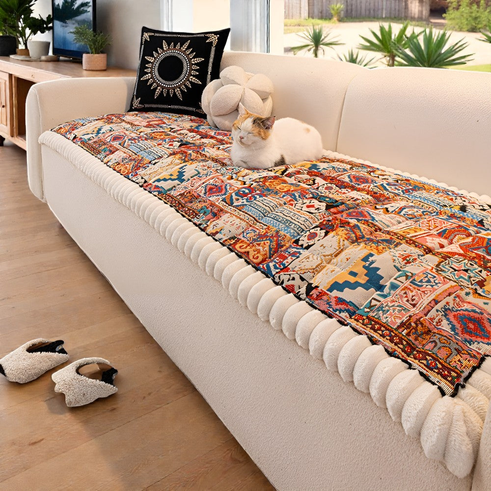 Ethnic Style Quilted Couch Cover – Patterned Non-Slip Sofa Protector