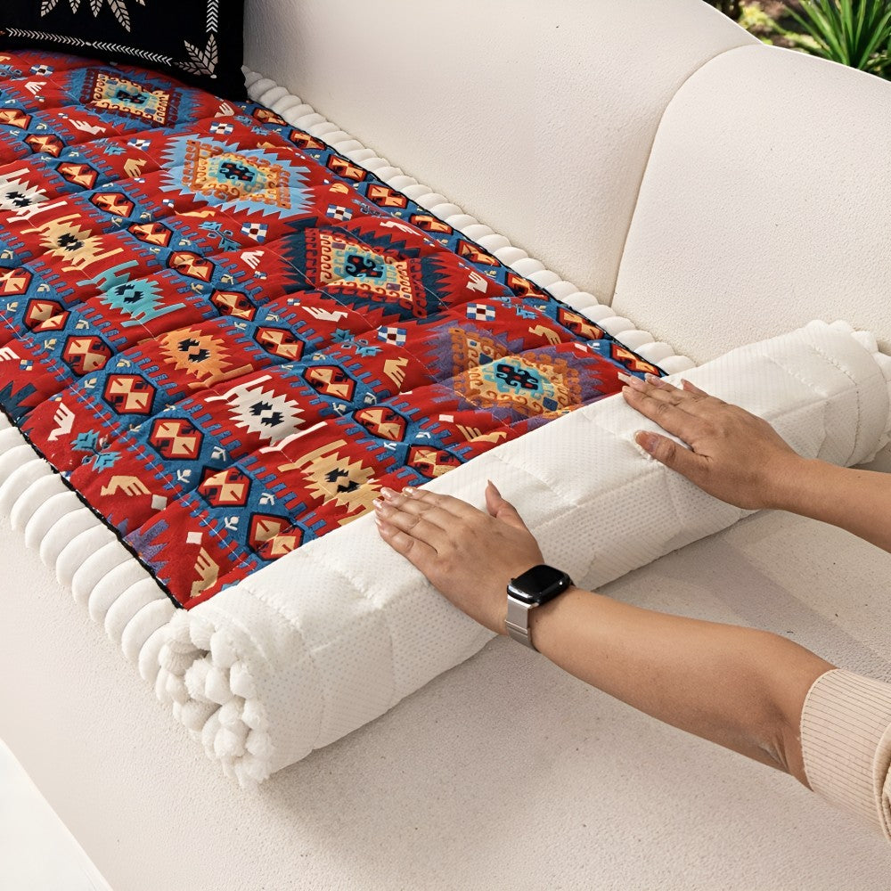 Ethnic Style Quilted Couch Cover – Patterned Non-Slip Sofa Protector