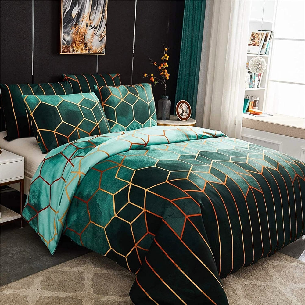 Golden Cosmo Hive Duvet Cover Set (3 Pcs) – Luxe Geometric Bedding