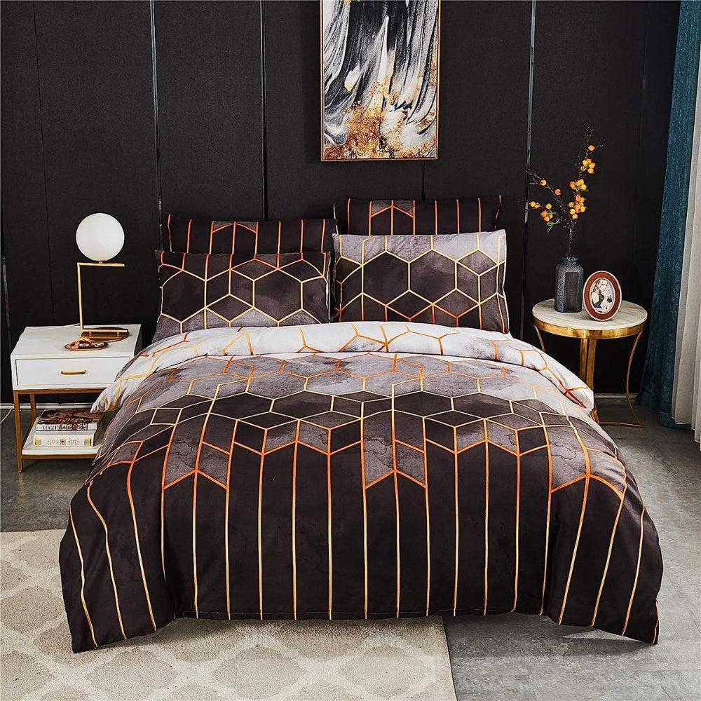 Golden Cosmo Hive Duvet Cover Set (3 Pcs) – Luxe Geometric Bedding