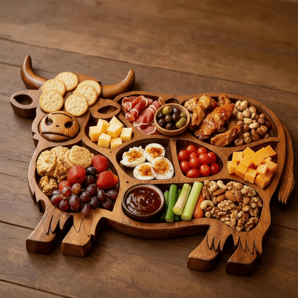 Highland Solid Wood Serving Board – Charcuterie Board with Cow Motif