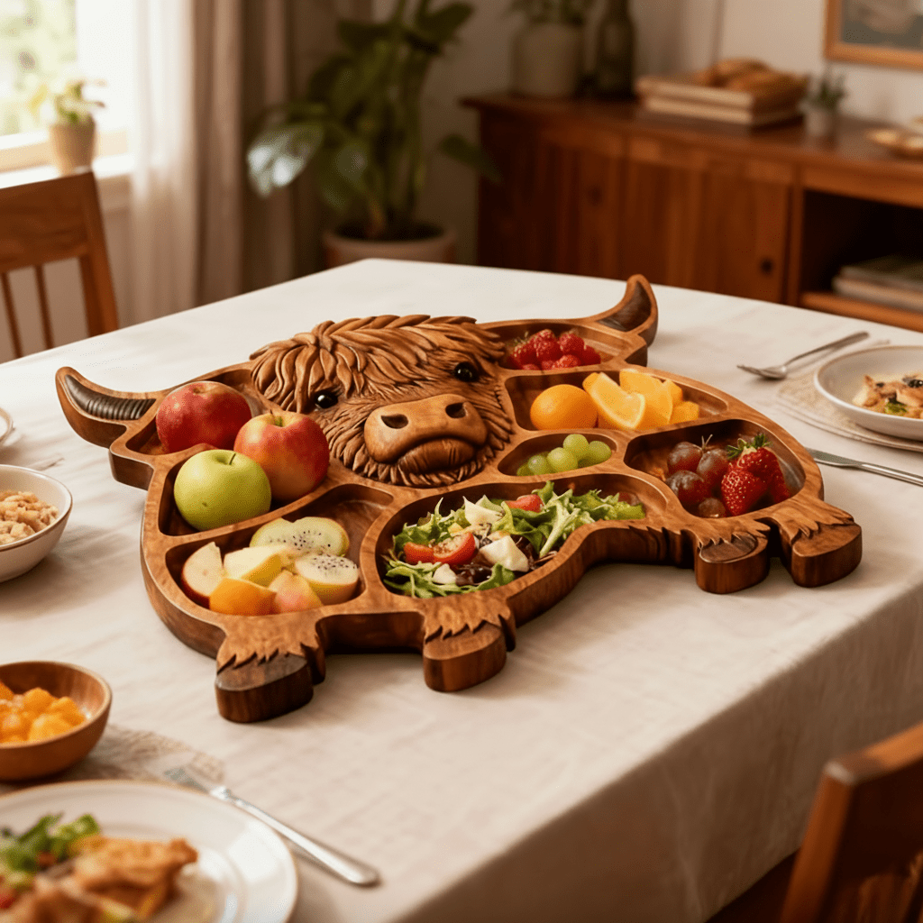Highland Solid Wood Serving Board – Charcuterie Board with Cow Motif