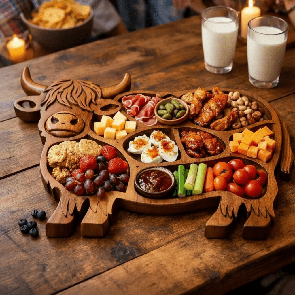 Highland Solid Wood Serving Board – Charcuterie Board with Cow Motif