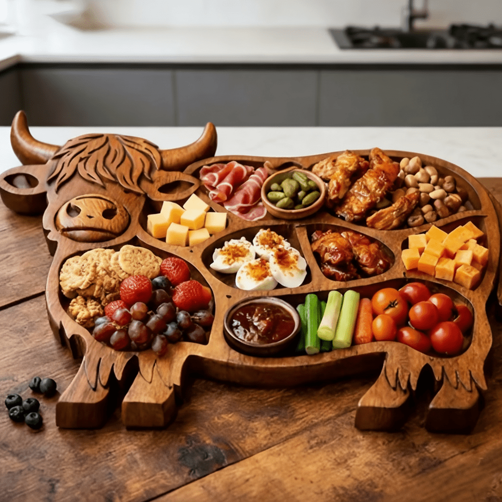 Highland Solid Wood Serving Board – Charcuterie Board with Cow Motif