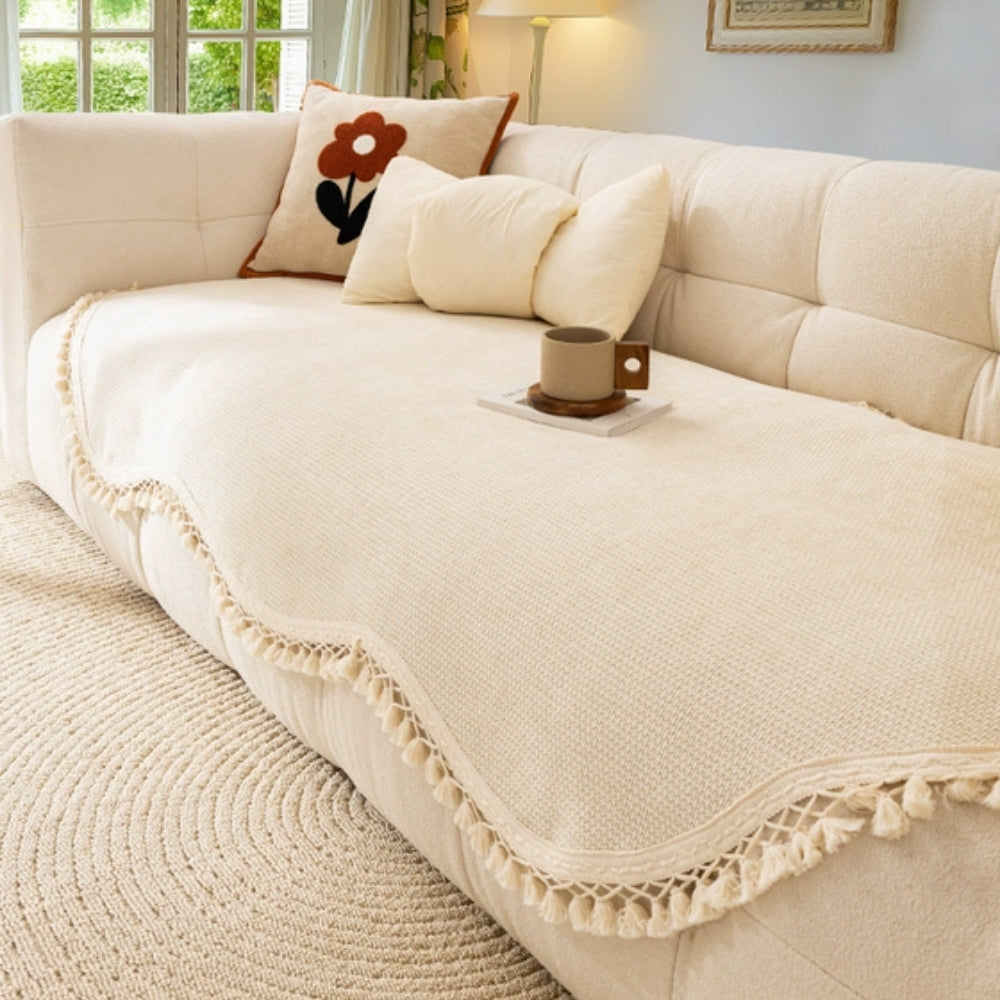 Luxury Chenille Tassel Sofa Cover – Woven-Texture Non-Slip Couch Slipcover
