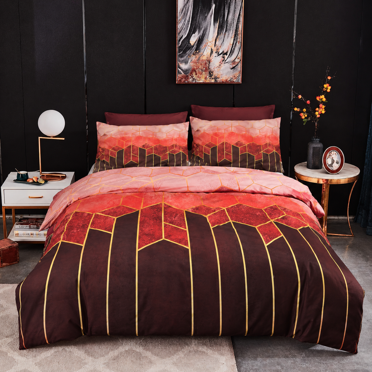 Golden Cosmo Hive Duvet Cover Set (3 Pcs) – Luxe Geometric Bedding