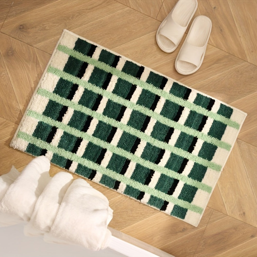 Moss Green Geometric Bath Mat – Soft Flocked Non-Slip Bathroom Mat