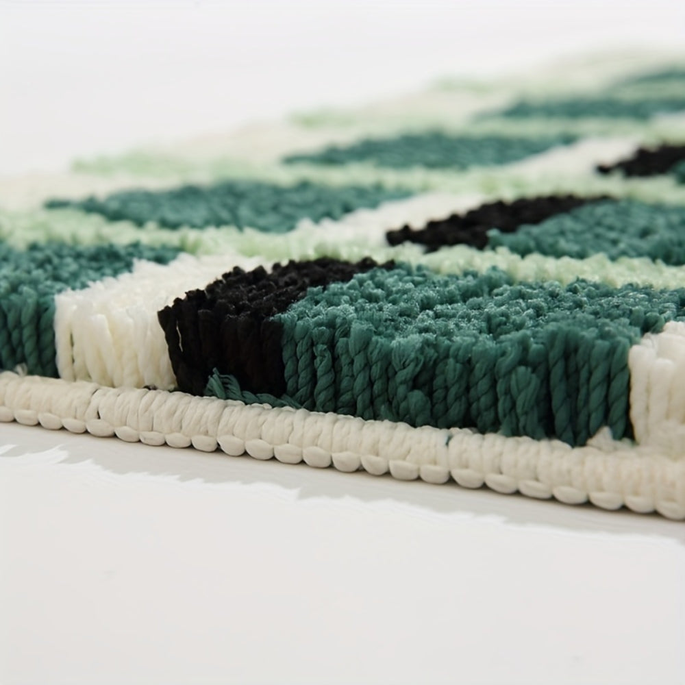 Moss Green Geometric Bath Mat – Soft Flocked Non-Slip Bathroom Mat