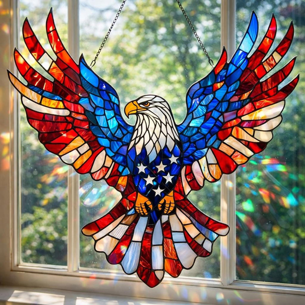 Patriotic Eagle Stained Glass Suncatcher – Decorative Window Accent