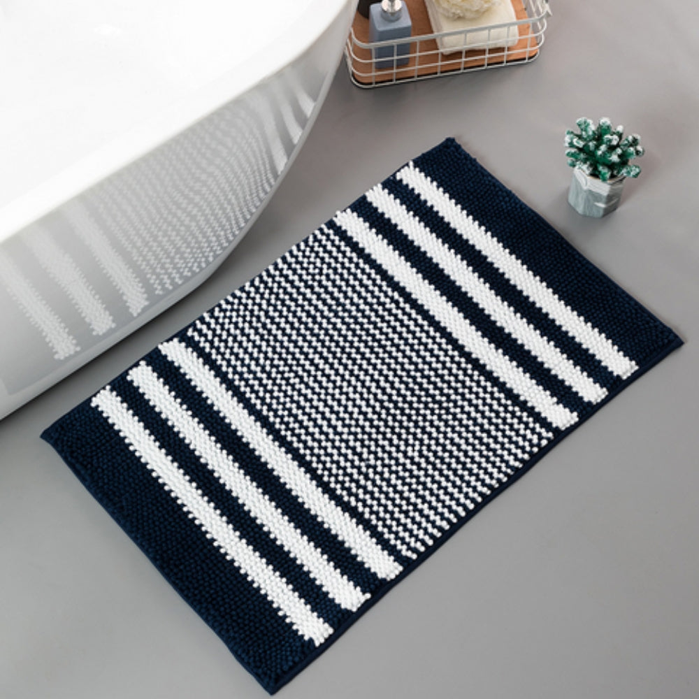 Pebble-Knit Striped Chenille Bath Mat – Soft Absorbent Non-Slip Mat