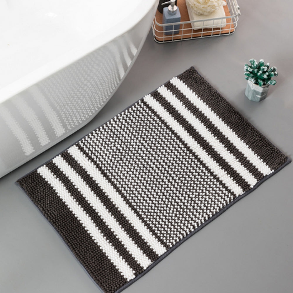 Pebble-Knit Striped Chenille Bath Mat – Soft Absorbent Non-Slip Mat