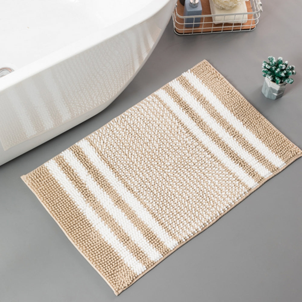 Pebble-Knit Striped Chenille Bath Mat – Soft Absorbent Non-Slip Mat