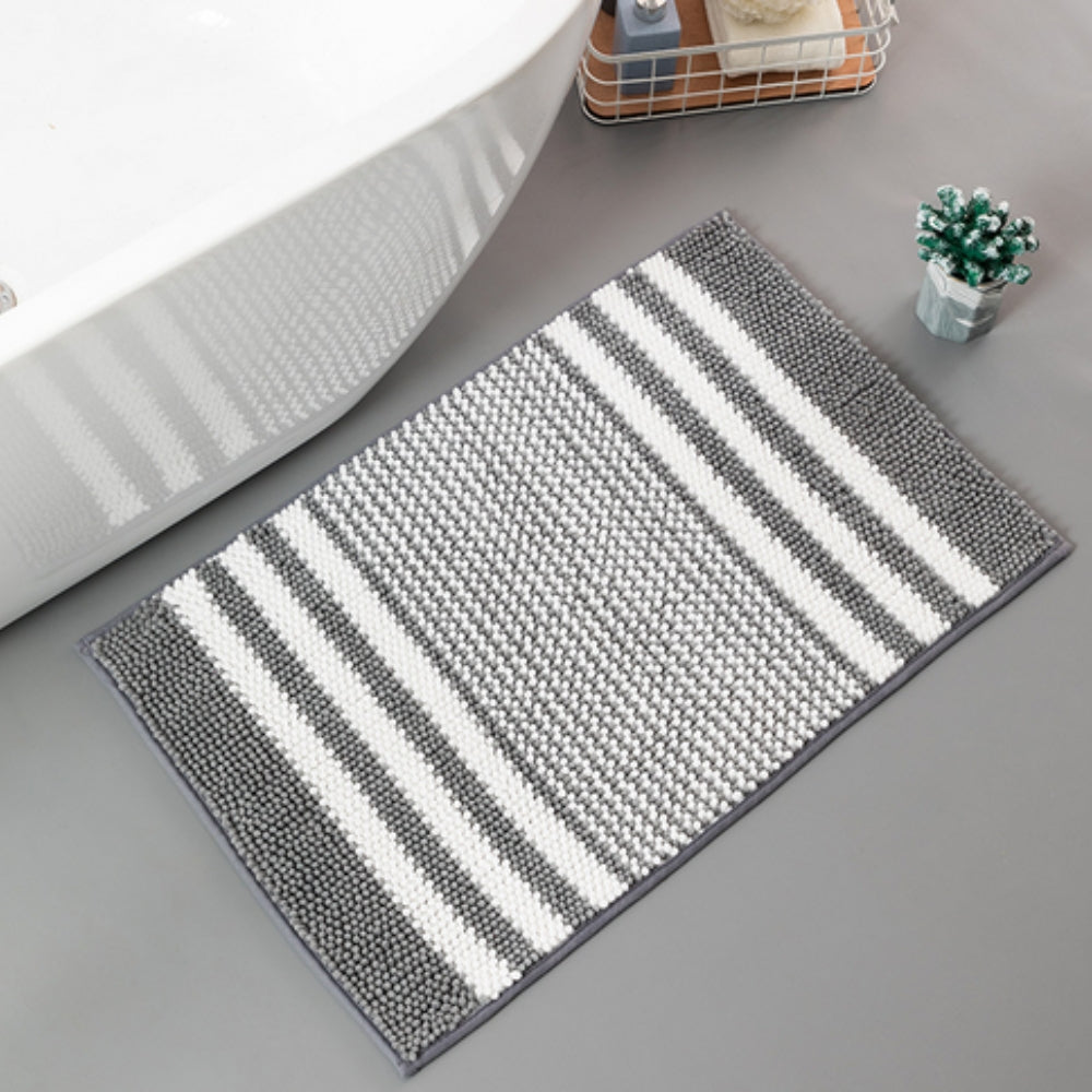 Pebble-Knit Striped Chenille Bath Mat – Soft Absorbent Non-Slip Mat