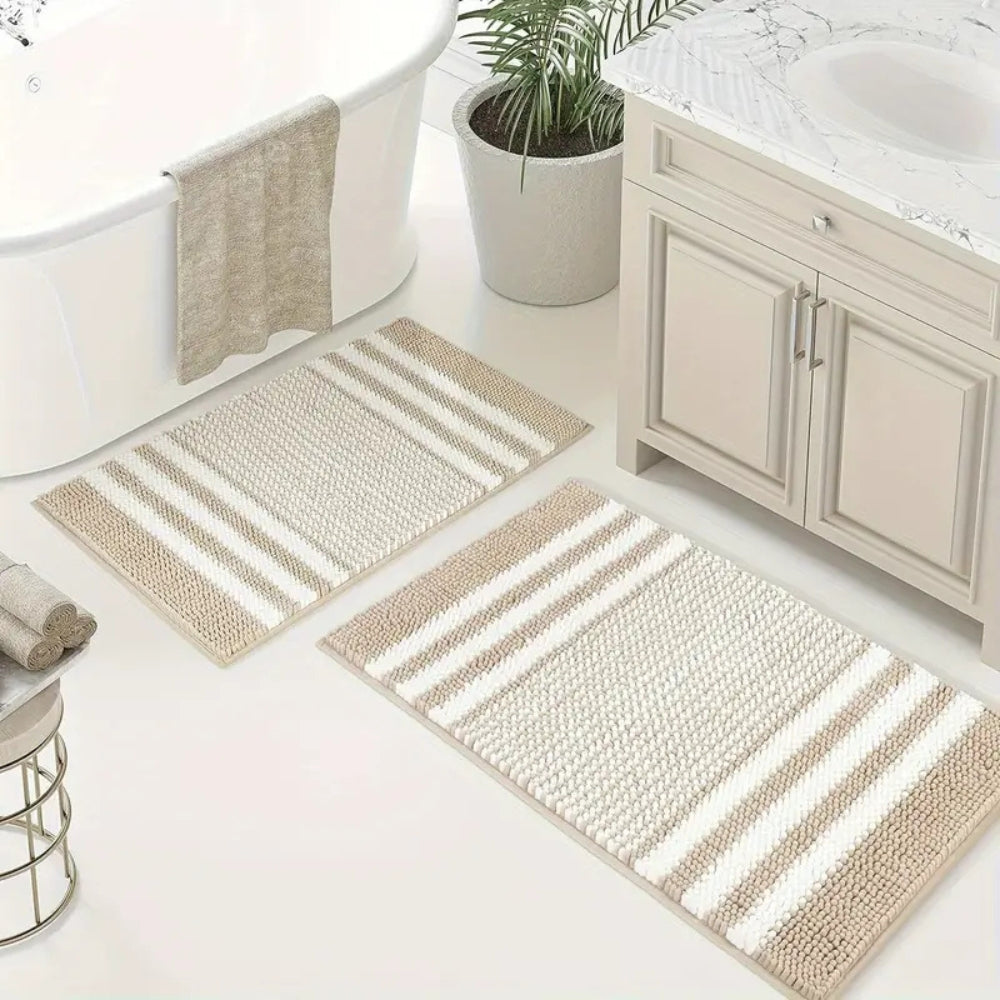Pebble-Knit Striped Chenille Bath Mat – Soft Absorbent Non-Slip Mat
