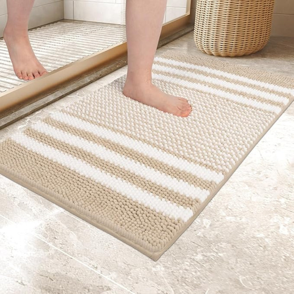 Pebble-Knit Striped Chenille Bath Mat – Soft Absorbent Non-Slip Mat