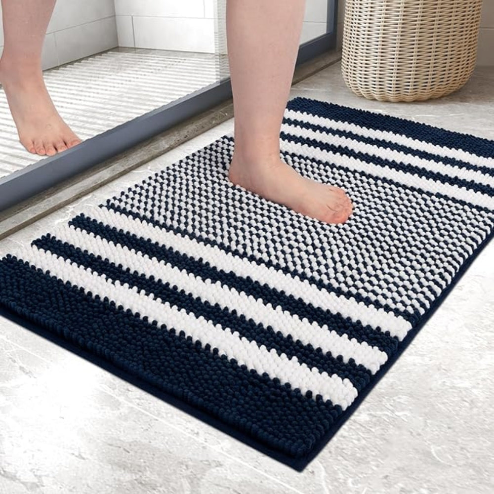 Pebble-Knit Striped Chenille Bath Mat – Soft Absorbent Non-Slip Mat
