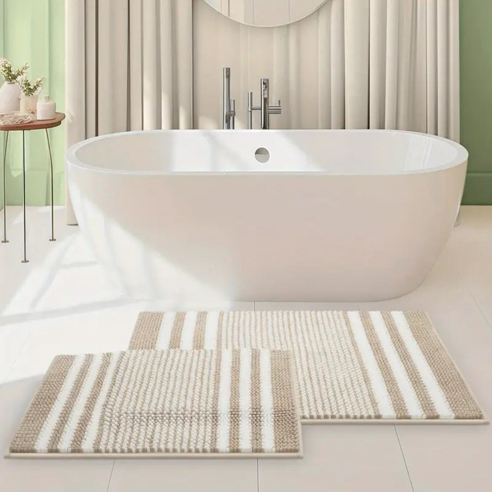 Pebble-Knit Striped Chenille Bath Mat – Soft Absorbent Non-Slip Mat