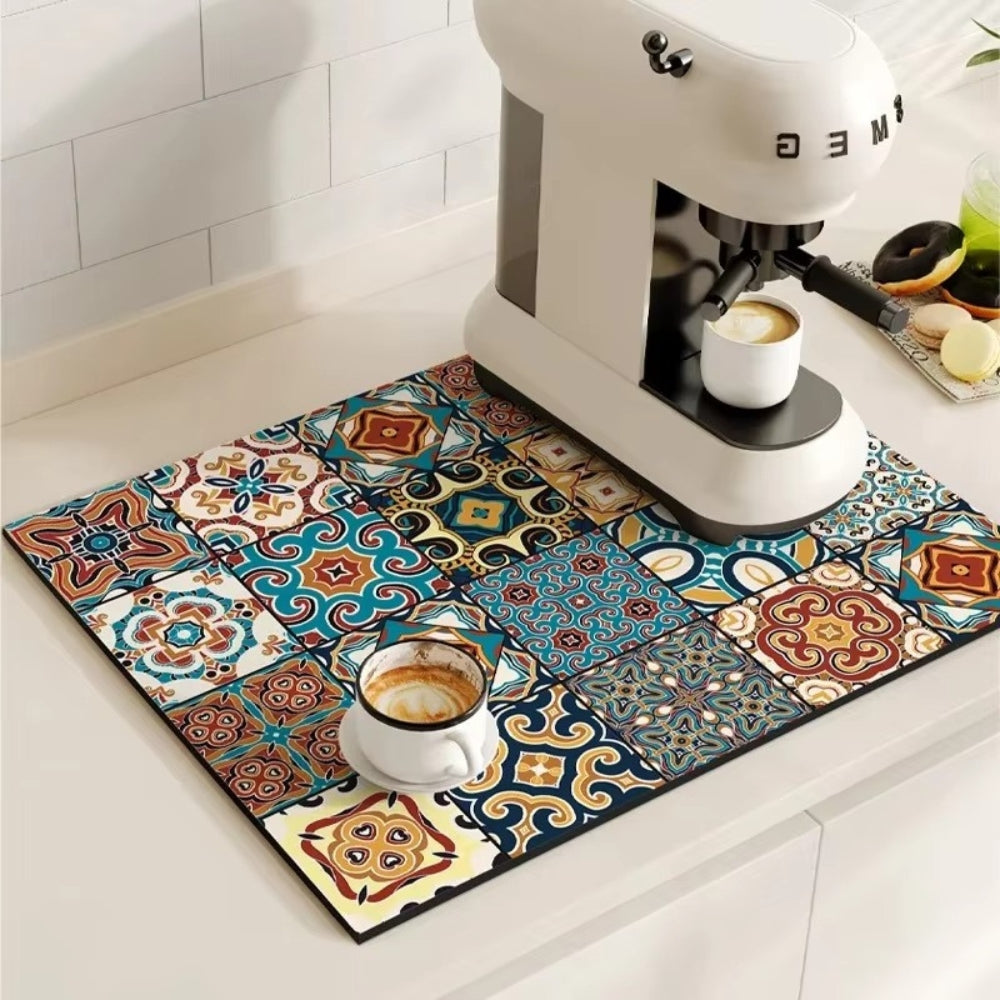 Retro Tile Absorbent Coffee Mat – Quick-Dry Countertop Drying Mat