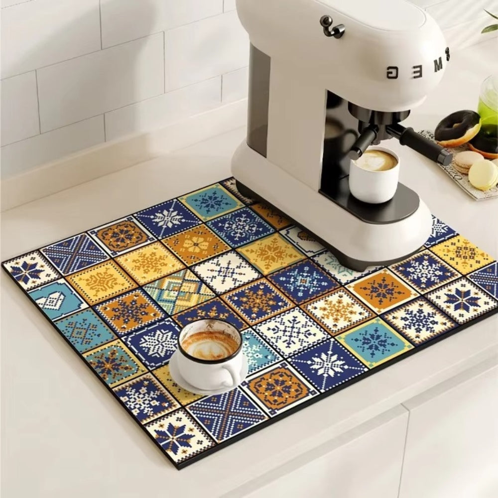 Retro Tile Absorbent Coffee Mat – Quick-Dry Countertop Drying Mat