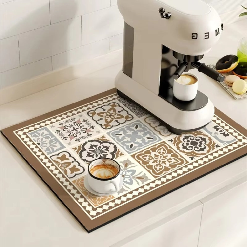 Retro Tile Absorbent Coffee Mat – Quick-Dry Countertop Drying Mat