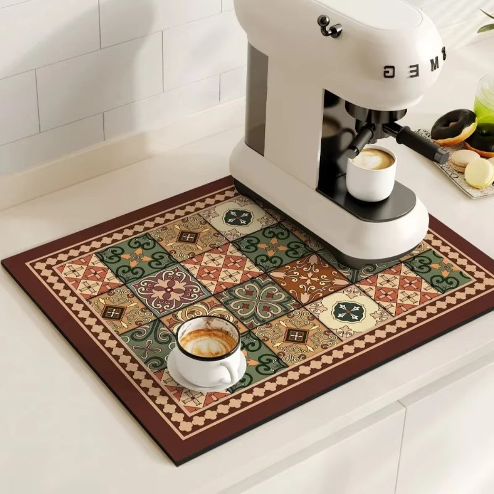 Retro Tile Absorbent Coffee Mat – Quick-Dry Countertop Drying Mat