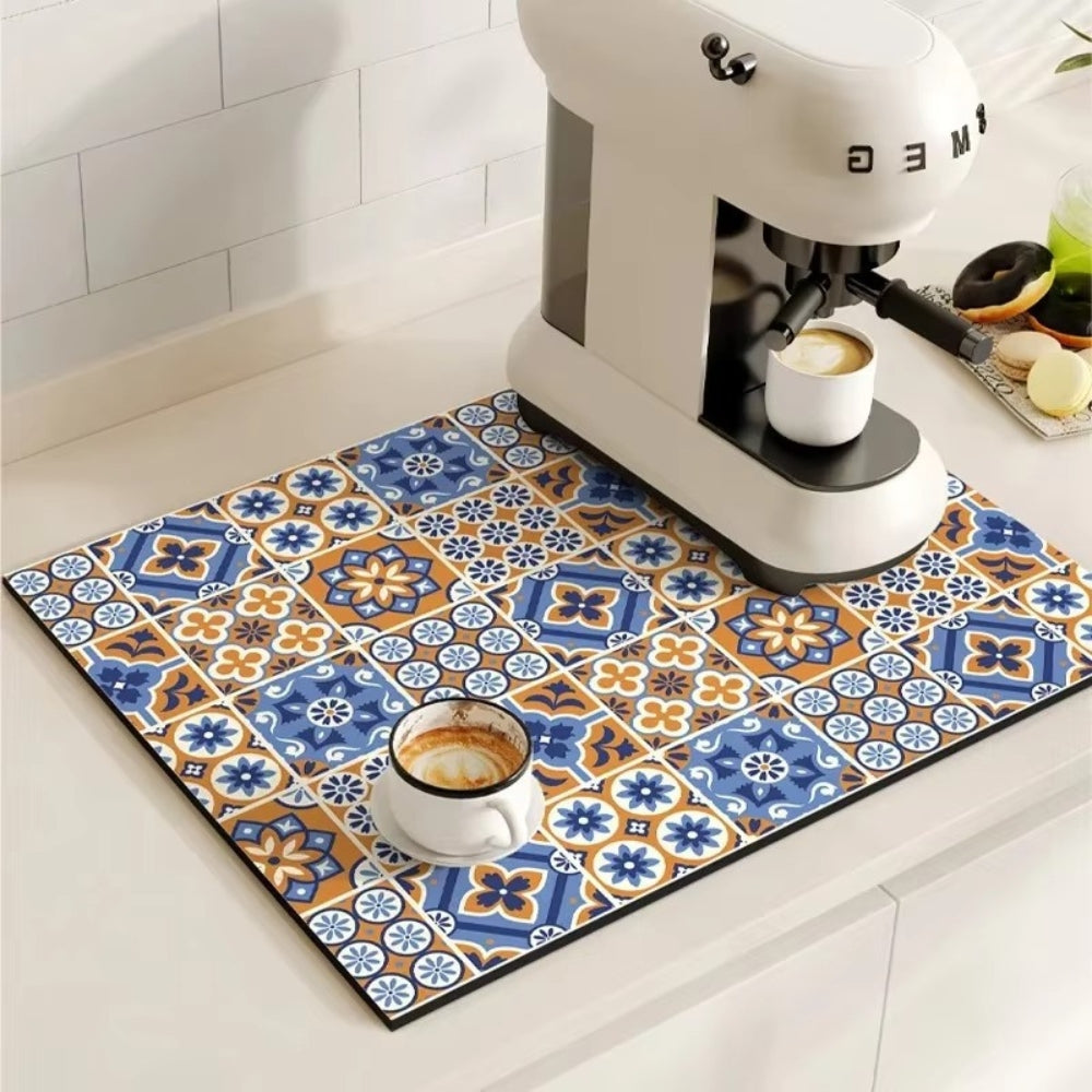 Retro Tile Absorbent Coffee Mat – Quick-Dry Countertop Drying Mat
