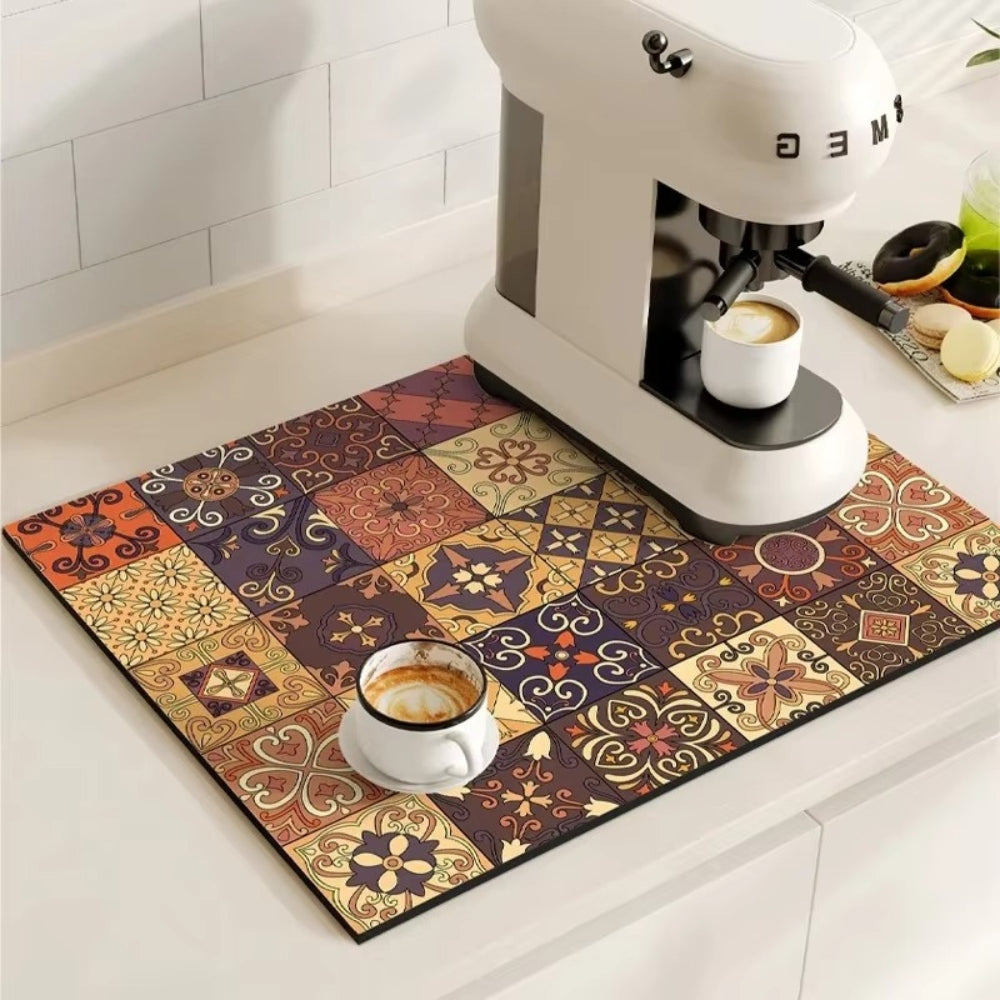 Retro Tile Absorbent Coffee Mat – Quick-Dry Countertop Drying Mat