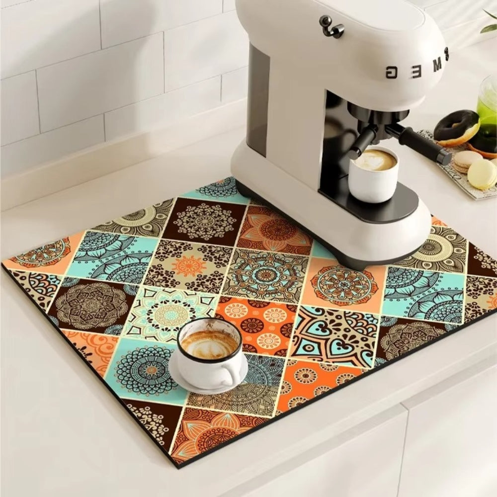 Retro Tile Absorbent Coffee Mat – Quick-Dry Countertop Drying Mat