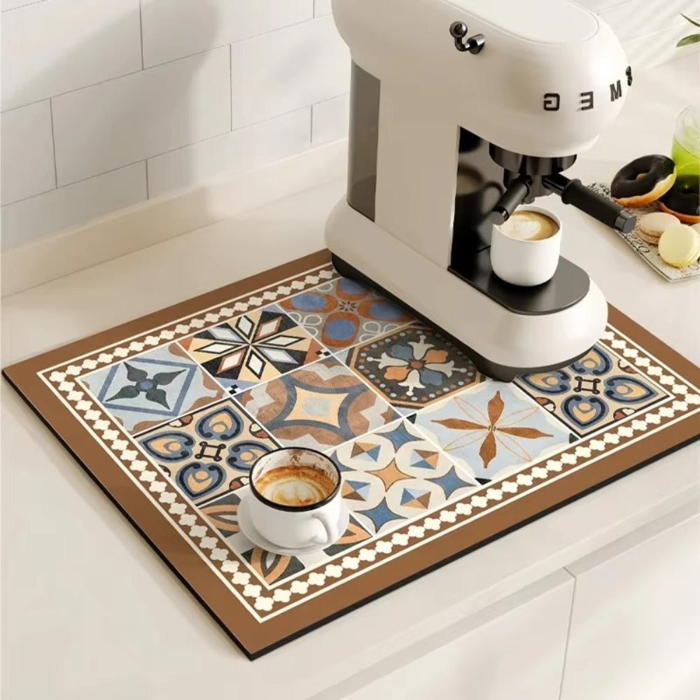 Retro Tile Absorbent Coffee Mat – Quick-Dry Countertop Drying Mat