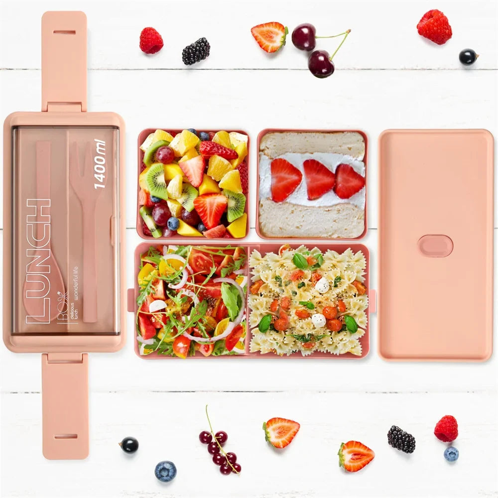 1400ml Bento-Box mit Doppelwand | Tragbare Brotdose mit Gabel & Löffel – Mikrowellengeeignete Lebensmittelaufbewahrung für Kinder & Erwachsene