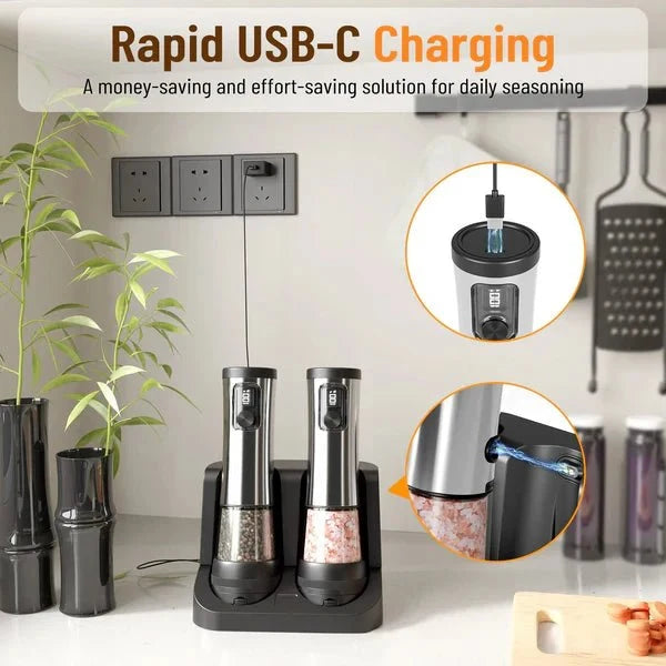 POWERMAHL Electric Salt & Pepper Mill Set – Rechargeable Adjustable Grinders