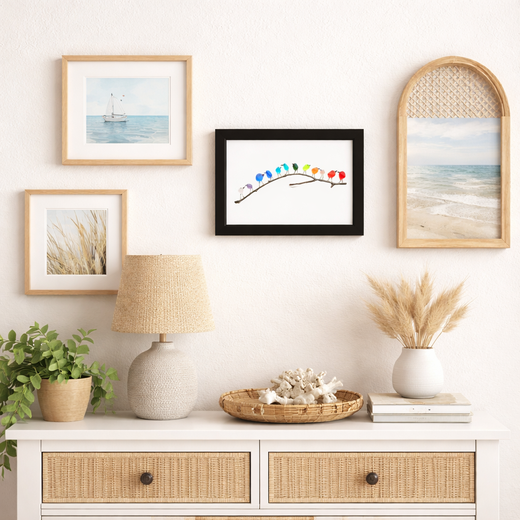 Coastal Sea Glass Bird Wall Art – Driftwood Framed Beach Decor
