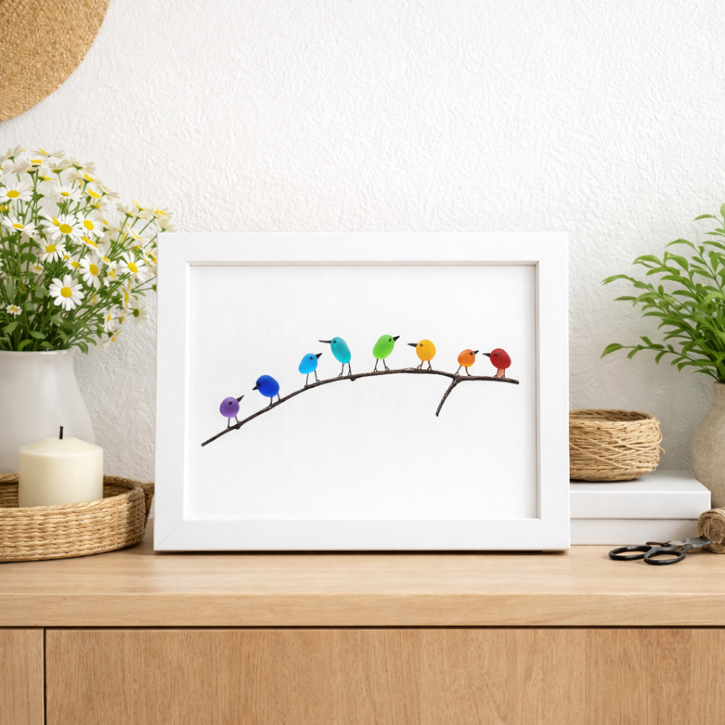 Coastal Sea Glass Bird Wall Art – Driftwood Framed Beach Decor