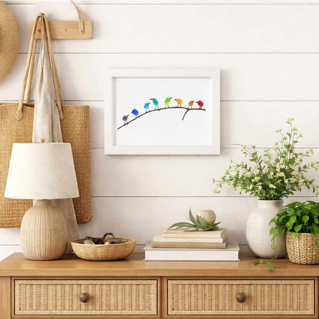 Coastal Sea Glass Bird Wall Art – Driftwood Framed Beach Decor