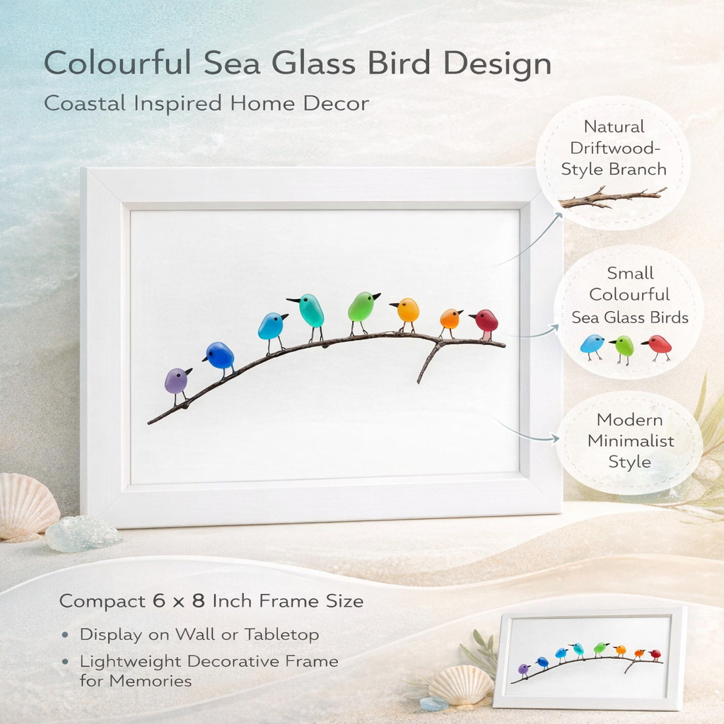 Coastal Sea Glass Bird Wall Art – Driftwood Framed Beach Decor