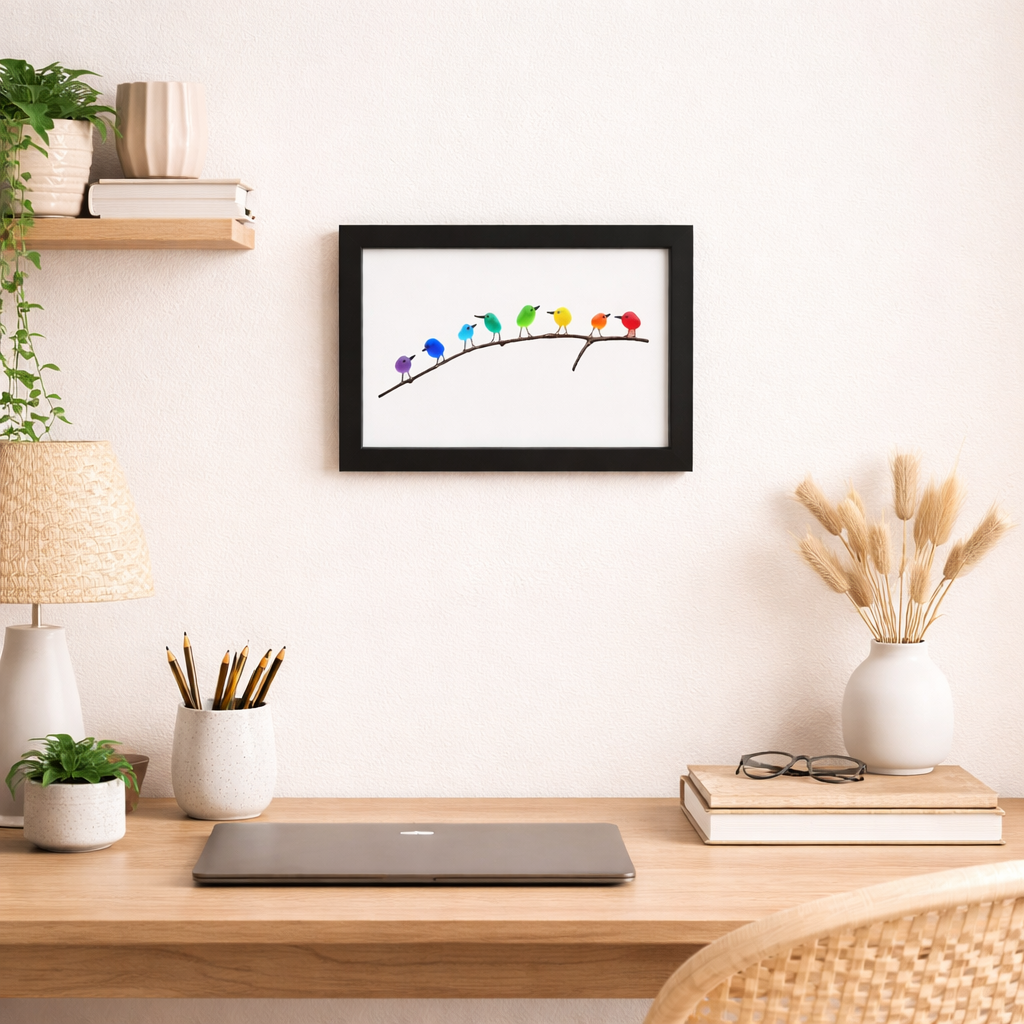 Coastal Sea Glass Bird Wall Art – Driftwood Framed Beach Decor