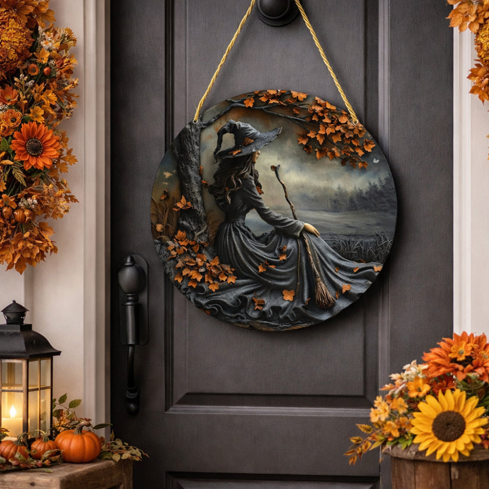 Witch Folklore Wooden Door Hanger Sign – Rustic Seasonal Decor
