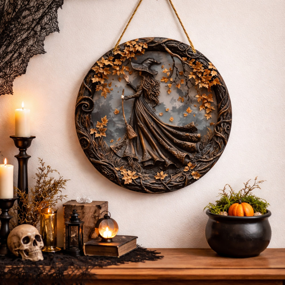 Witch Folklore Wooden Door Hanger Sign – Rustic Seasonal Decor