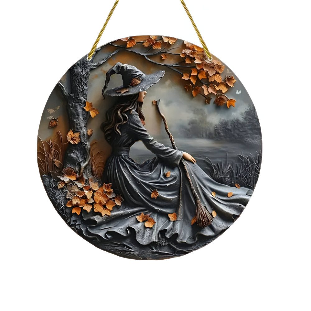 Witch Folklore Wooden Door Hanger Sign – Rustic Seasonal Decor