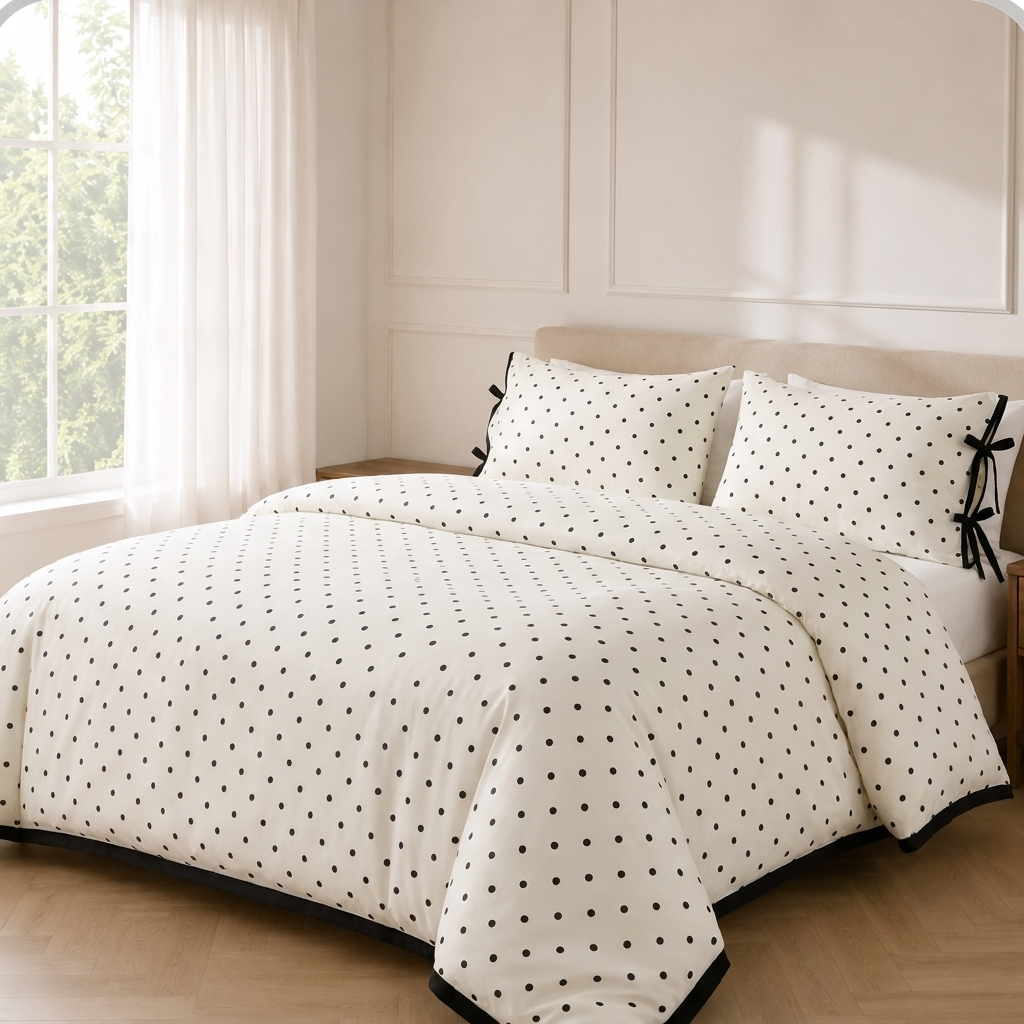 Coco Bettwäsche mit Punkten und Schleifen 200x200cm – Weiß mit schwarzen Tupfen im Cottagecore-Stil
